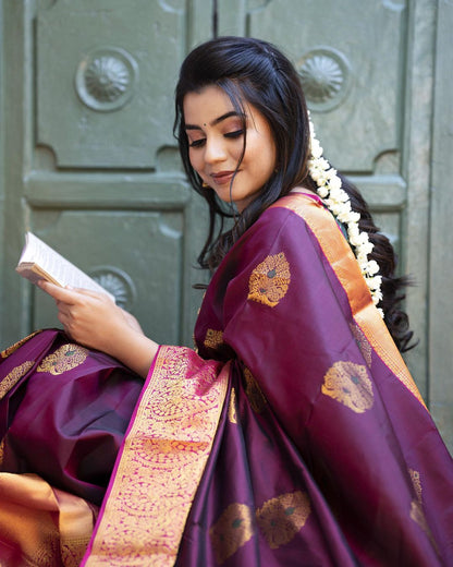 Dazzling Wine Soft Banarasi Silk Saree With Adorable Blouse Piece