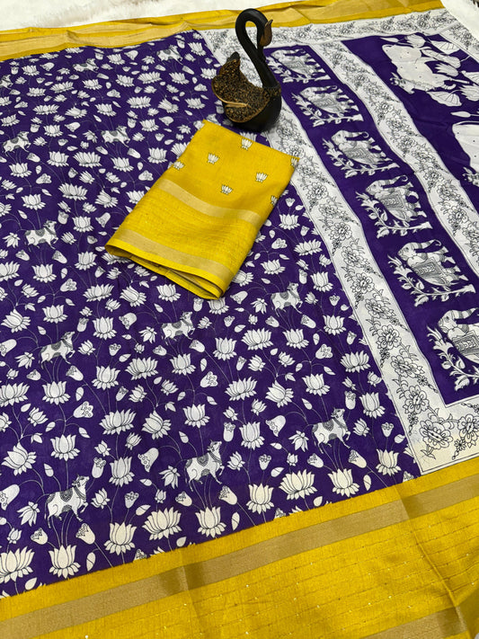 Preferable Royal Blue Digital Printed Dola Silk Saree With Prominent Blouse Piece