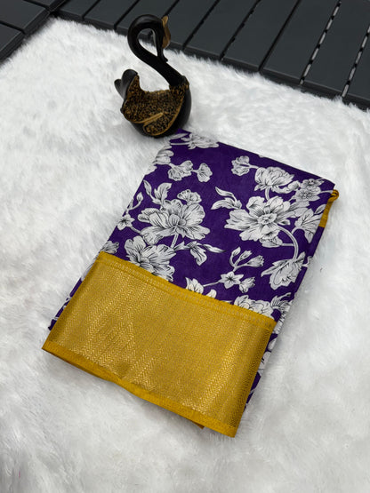 Captivating Royal Blue Digital Printed Dola Silk Saree With Appealing Blouse Piece