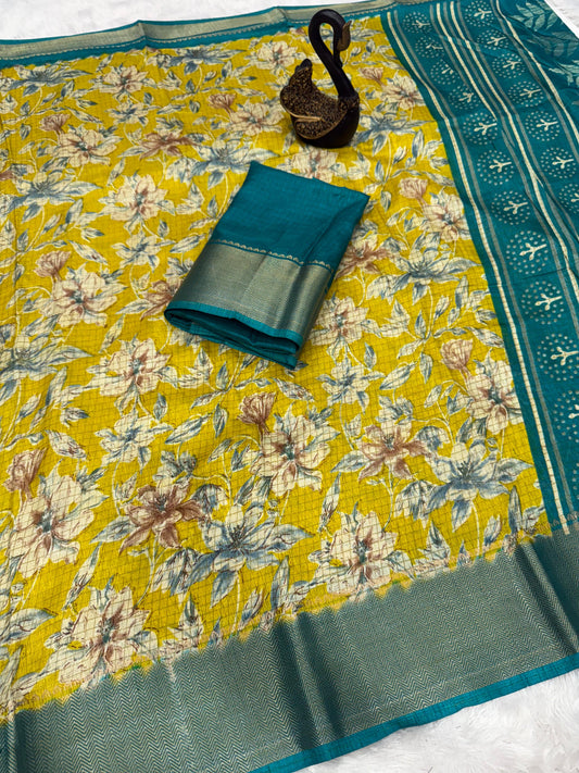 Flattering Mustard Digital Printed Dola Silk Saree With Dazzling Blouse Piece