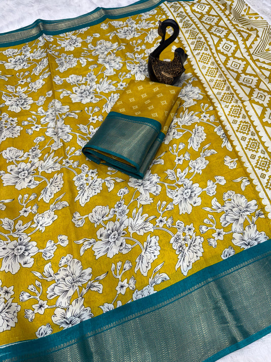Prominent Mustard Digital Printed Dola Silk Saree With Desirable Blouse Piece