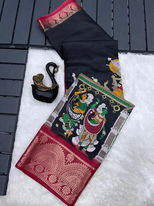 Classy Black Digital Printed Dola Silk Saree With Lovely Blouse Piece