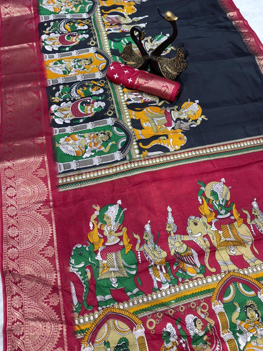 Classy Black Digital Printed Dola Silk Saree With Lovely Blouse Piece