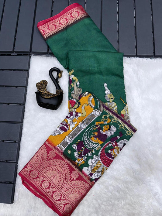 Gorgeous Dark Green Digital Printed Dola Silk Saree With Dazzling Blouse Piece