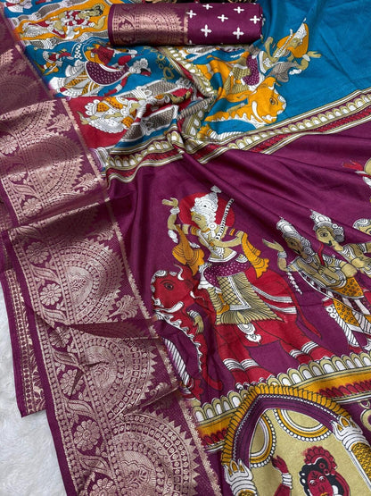 Glowing Firozi Digital Printed Dola Silk Saree With Blooming Blouse Piece