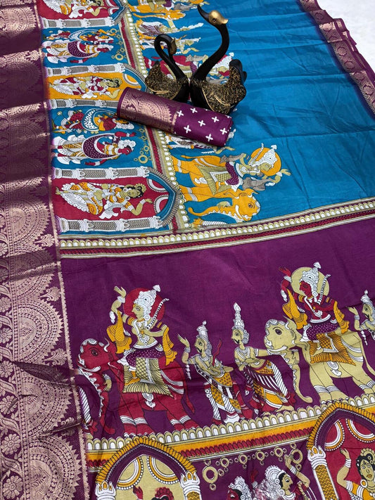 Glowing Firozi Digital Printed Dola Silk Saree With Blooming Blouse Piece