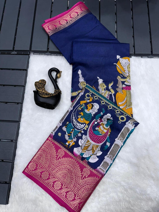 Ravishing Navy Blue Digital Printed Dola Silk Saree With Groovy Blouse Piece