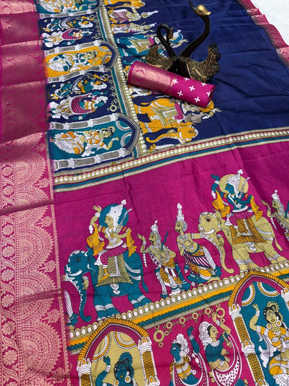 Ravishing Navy Blue Digital Printed Dola Silk Saree With Groovy Blouse Piece