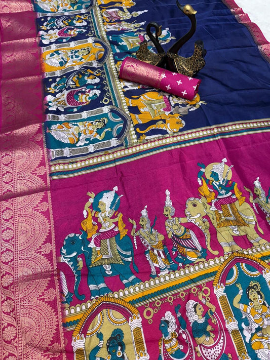 Ravishing Navy Blue Digital Printed Dola Silk Saree With Groovy Blouse Piece