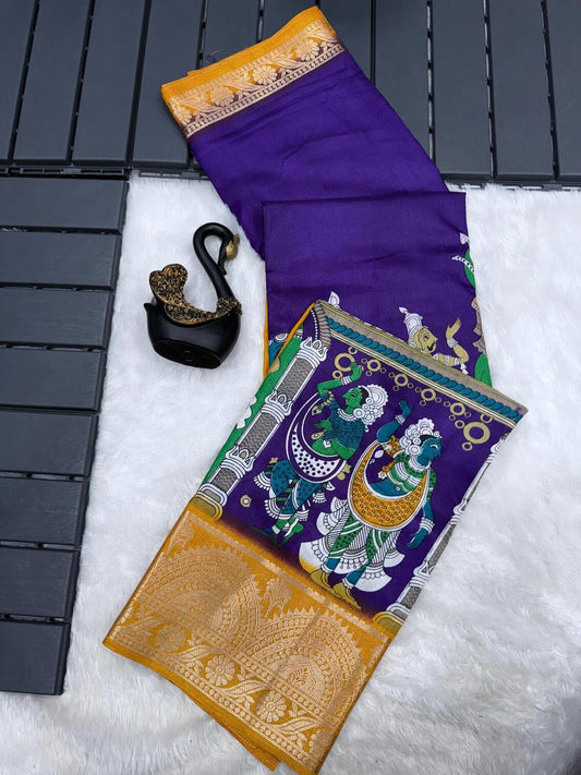 Chatoyant Royal Blue Digital Printed Dola Silk Saree With Assemblage Blouse Piece