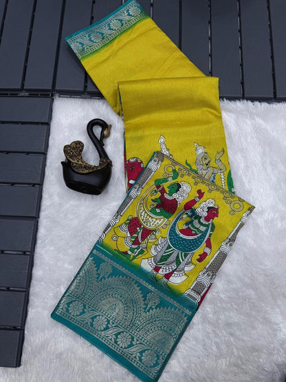 Demure Yellow Digital Printed Dola Silk Saree With Lassitude Blouse Piece
