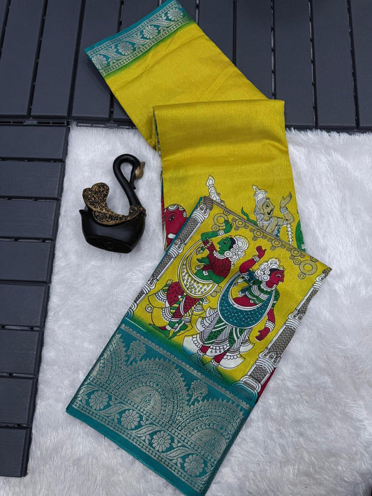 Demure Yellow Digital Printed Dola Silk Saree With Lassitude Blouse Piece