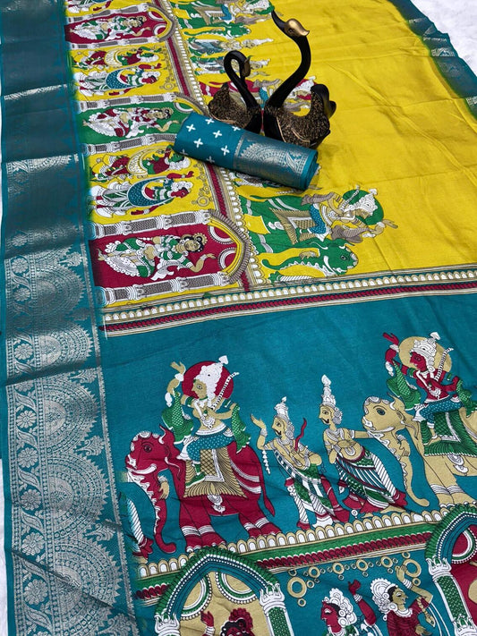 Demure Yellow Digital Printed Dola Silk Saree With Lassitude Blouse Piece