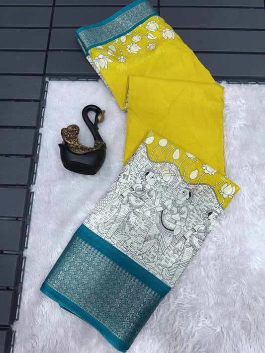 Lustrous Yellow Digital Printed Dola Silk Saree With Exemplary Blouse Piece