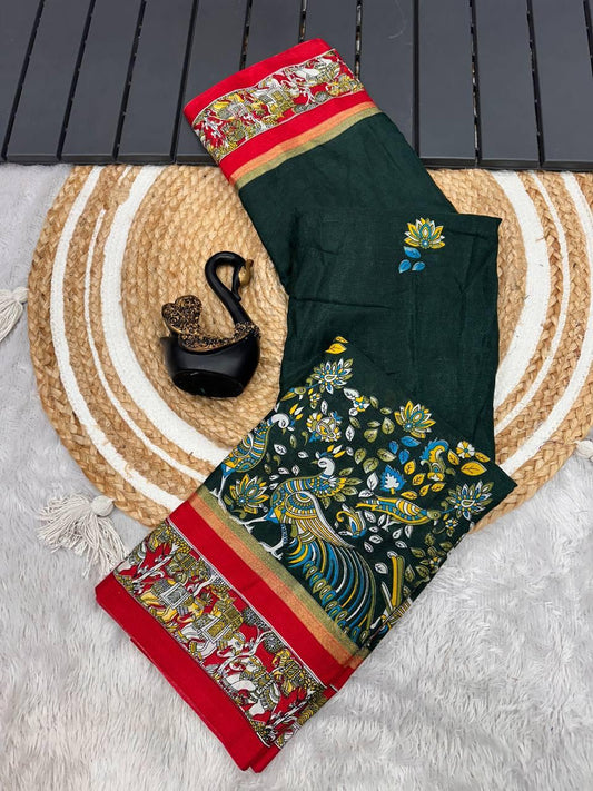 Elegant Dark Green Digital Printed Dola Silk Saree With Capricious Blouse Piece
