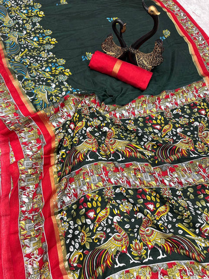 Elegant Dark Green Digital Printed Dola Silk Saree With Capricious Blouse Piece