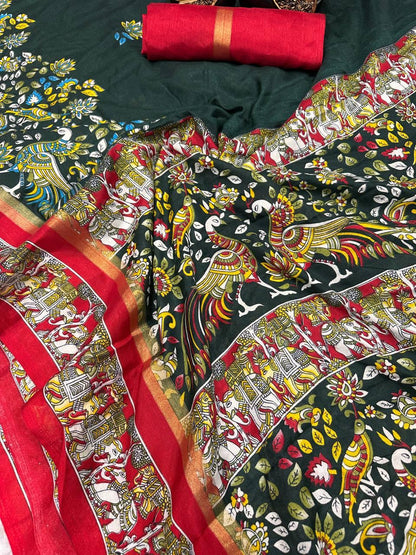 Elegant Dark Green Digital Printed Dola Silk Saree With Capricious Blouse Piece
