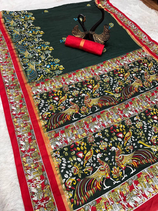 Elegant Dark Green Digital Printed Dola Silk Saree With Capricious Blouse Piece