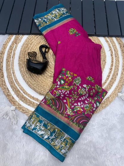 Beautiful Dark Pink Digital Printed Dola Silk Saree With Appealing Blouse Piece