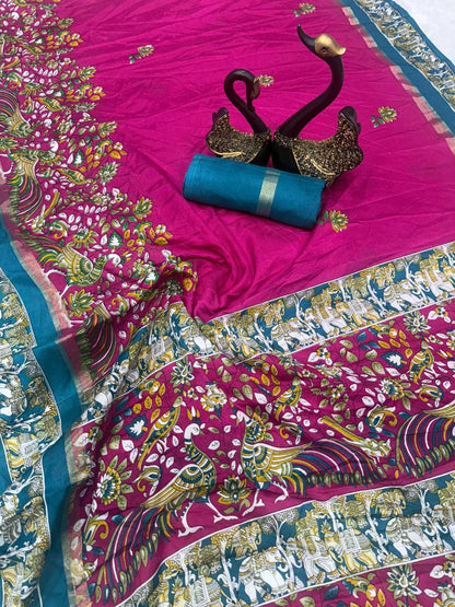Beautiful Dark Pink Digital Printed Dola Silk Saree With Appealing Blouse Piece