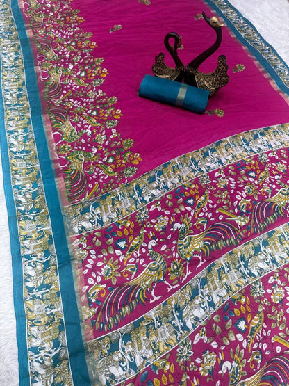 Beautiful Dark Pink Digital Printed Dola Silk Saree With Appealing Blouse Piece
