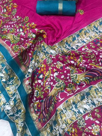 Beautiful Dark Pink Digital Printed Dola Silk Saree With Appealing Blouse Piece