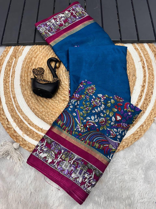 Radiant Navy Blue Digital Printed Dola Silk Saree With Fairytale Blouse Piece