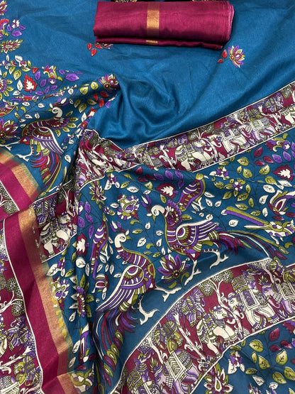Radiant Navy Blue Digital Printed Dola Silk Saree With Fairytale Blouse Piece