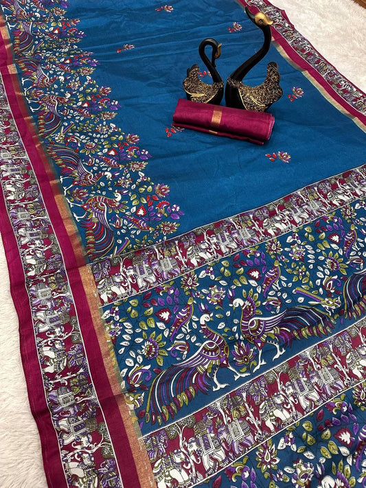 Radiant Navy Blue Digital Printed Dola Silk Saree With Fairytale Blouse Piece