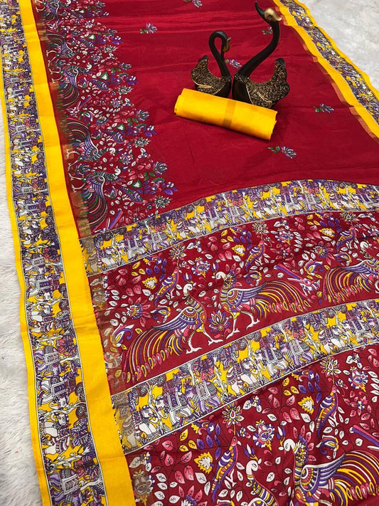 Exquisite Red Digital Printed Dola Silk Saree With Comely Blouse Piece