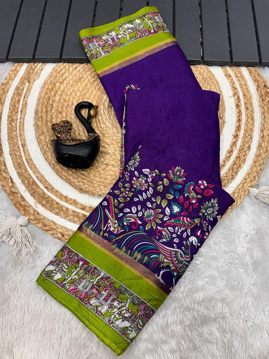 Diaphanous Royal Blue Digital Printed Dola Silk Saree With Ephemeral Blouse Piece