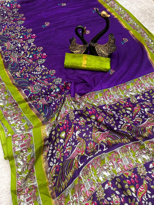 Diaphanous Royal Blue Digital Printed Dola Silk Saree With Ephemeral Blouse Piece