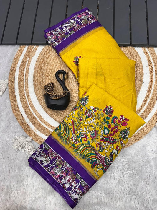 Murmurous Yellow Digital Printed Dola Silk Saree With Amiable Blouse Piece