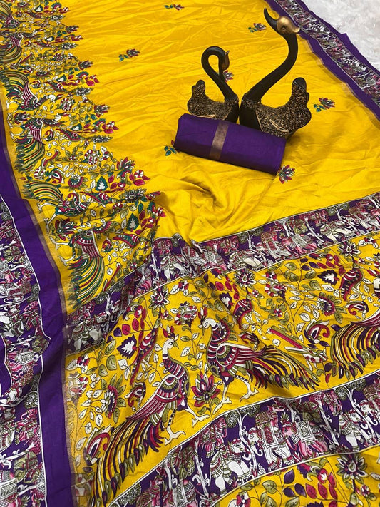 Murmurous Yellow Digital Printed Dola Silk Saree With Amiable Blouse Piece