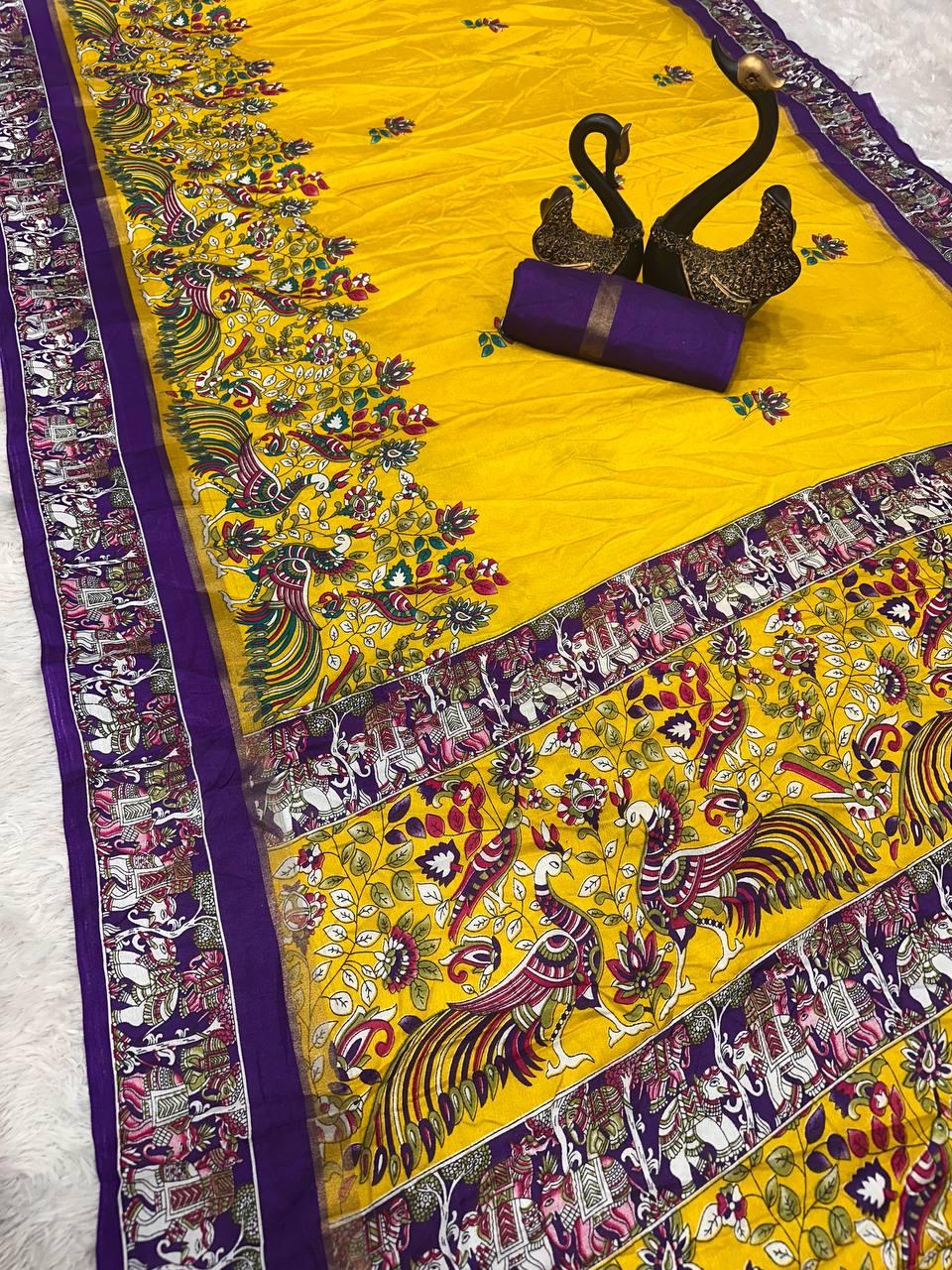 Murmurous Yellow Digital Printed Dola Silk Saree With Amiable Blouse Piece