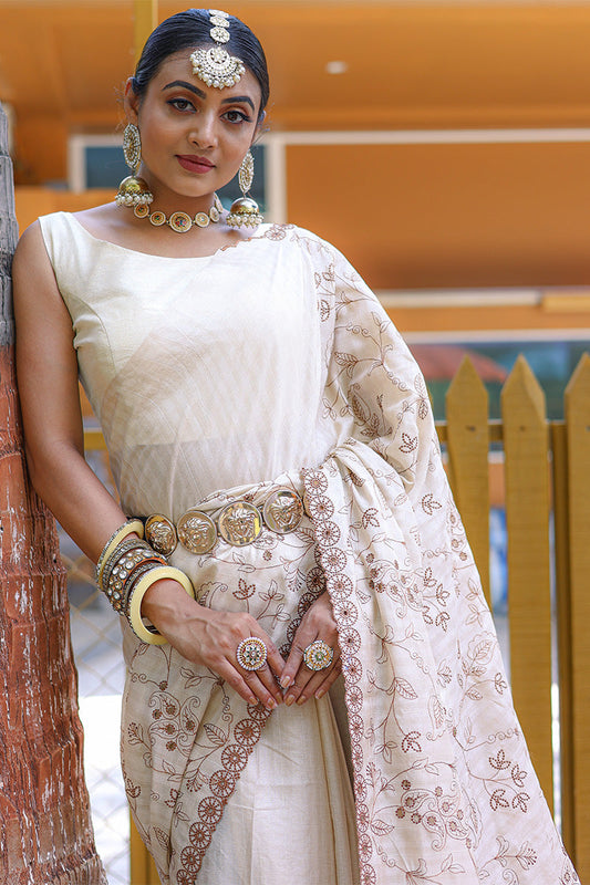 Trendy Beige Embroidery Work Soft Silk Saree With Sophisticated Blouse Piece