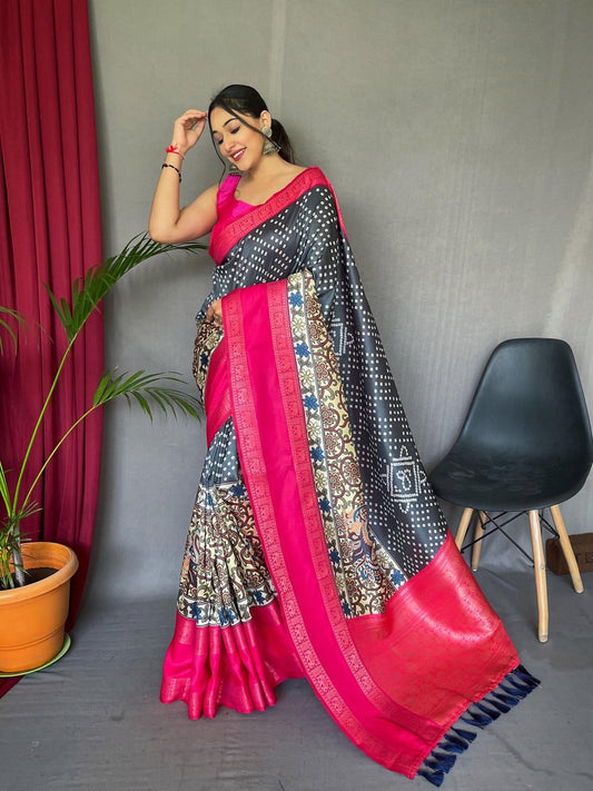 Devastating Black Digital Printed Satin Silk Saree With Nemesis Blouse Piece
