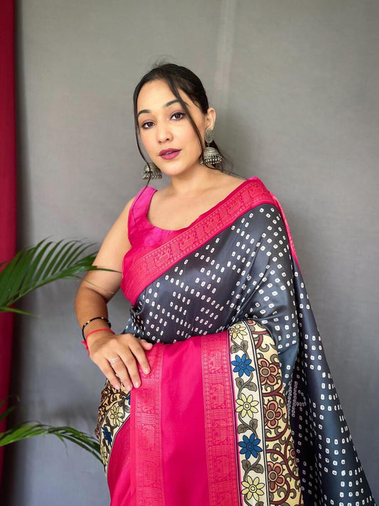 Devastating Black Digital Printed Satin Silk Saree With Nemesis Blouse Piece