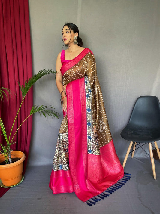 Lassitude Brown Digital Printed Satin Silk Saree With Ebullience Blouse Piece