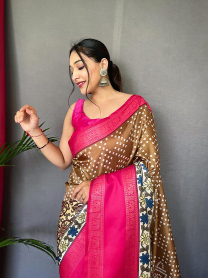 Lassitude Brown Digital Printed Satin Silk Saree With Ebullience Blouse Piece