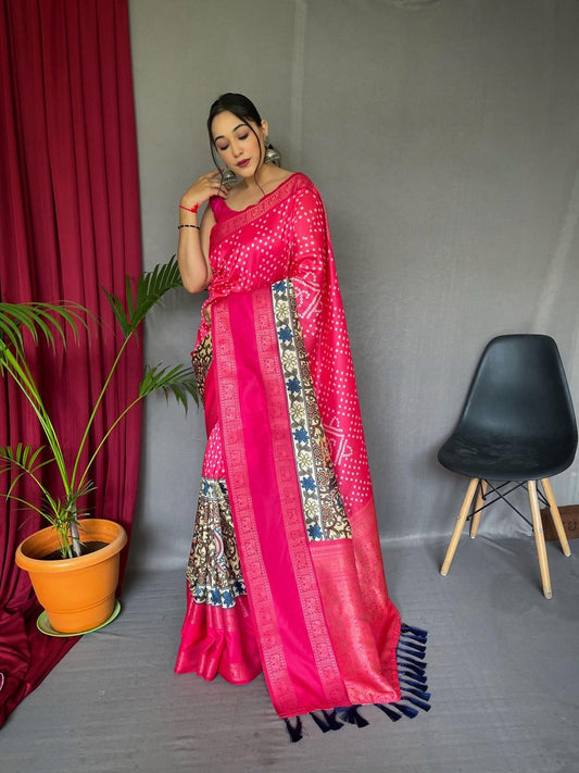 Demure Dark Pink Digital Printed Satin Silk Saree With Divine Blouse Piece