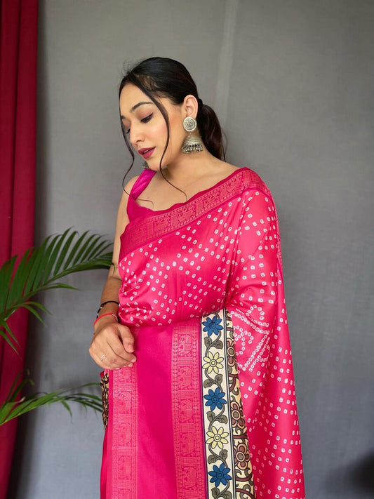 Demure Dark Pink Digital Printed Satin Silk Saree With Divine Blouse Piece