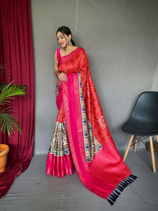Hypnotic Red Digital Printed Satin Silk Saree With Beautiful Blouse Piece