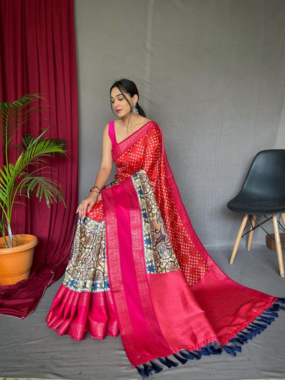 Hypnotic Red Digital Printed Satin Silk Saree With Beautiful Blouse Piece