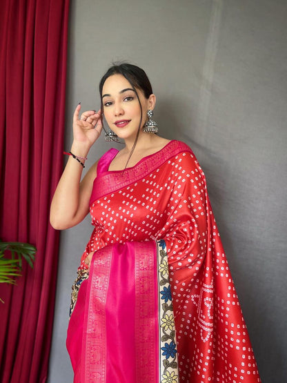 Hypnotic Red Digital Printed Satin Silk Saree With Beautiful Blouse Piece