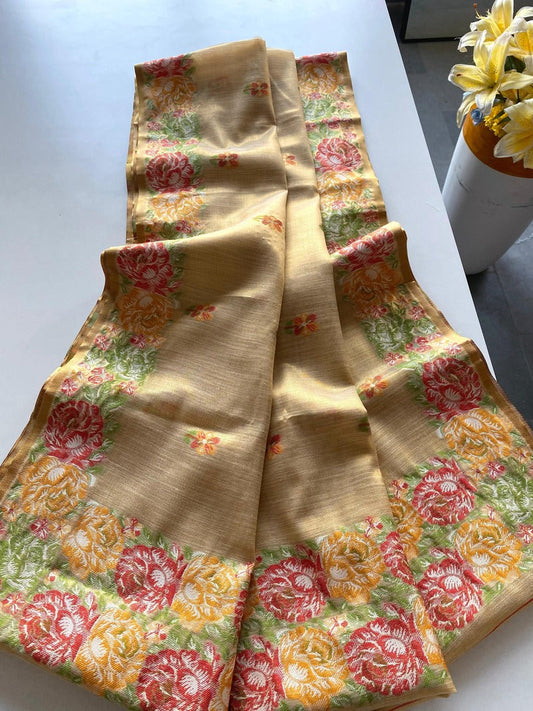 Innovative Beige Embroidery Work Tussar Silk Saree With Lovely Blouse Piece