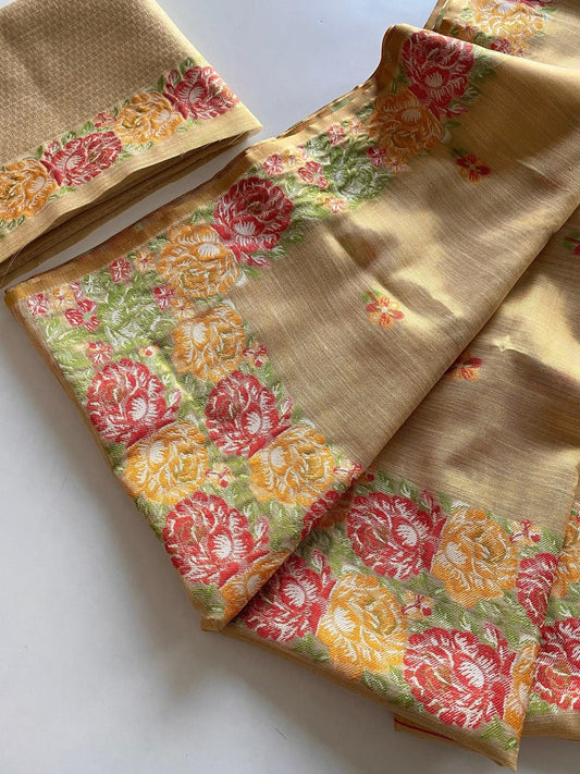 Innovative Beige Embroidery Work Tussar Silk Saree With Lovely Blouse Piece