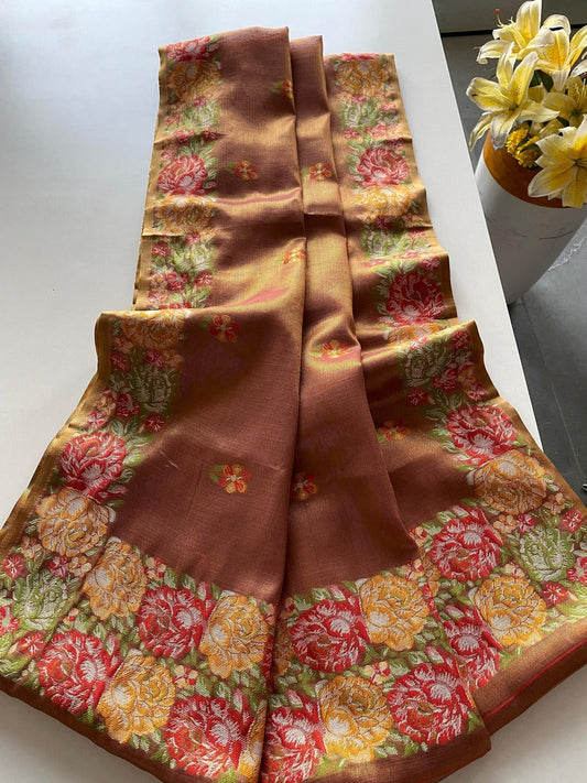 Sensational Brown Embroidery Work Tussar Silk Saree With Mesmerising Blouse Piece