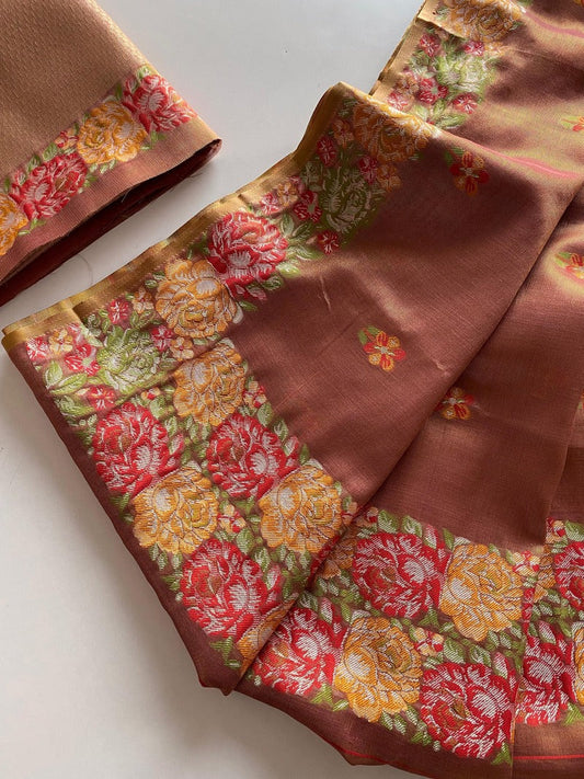 Sensational Brown Embroidery Work Tussar Silk Saree With Mesmerising Blouse Piece