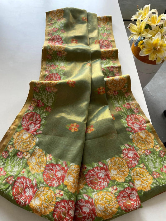 Staring Green Embroidery Work Tussar Silk Saree With Deserving Blouse Piece
